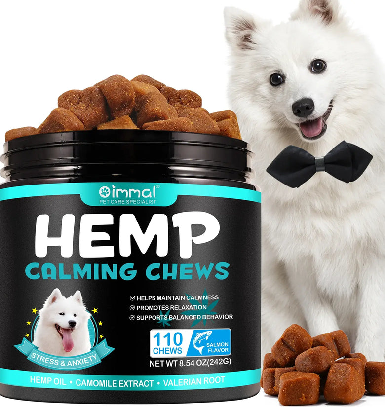 Hemp Calming Chews for Dog Anxiety & Stress Relief Treat Dry Dog Food Snack treats, Suit For All Breeds Dogs (SALMON,110 Chews)